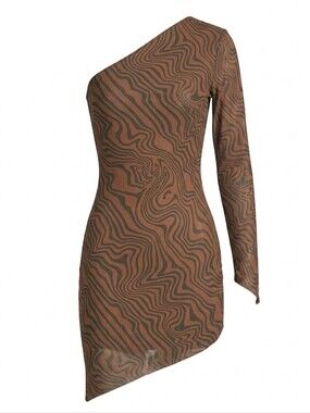 Maisie Wilen Asymmetrical One Shoulder One-Sleeve Mini Dress Size S Brown Swirl